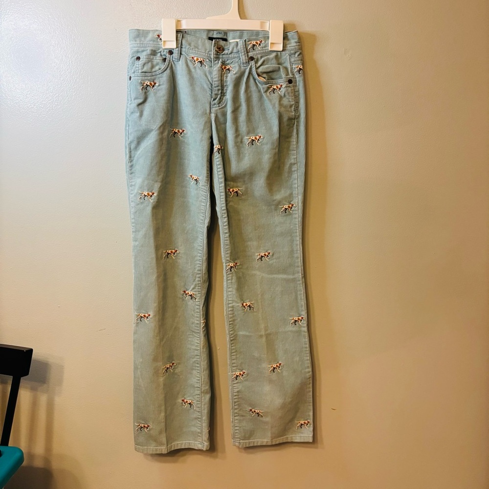 J Crew light blue corduroy pants with embroidered hunting dogs women’s size OP